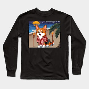 Tropical Corgi on Beach Long Sleeve T-Shirt